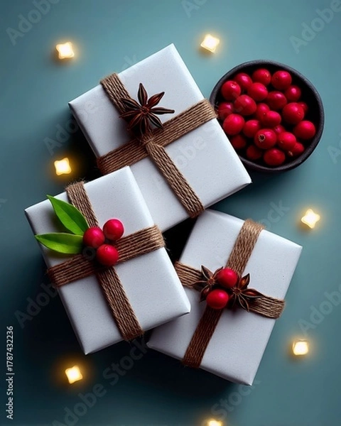 Fototapeta Three white gift boxes are arranged on a teal background, tied with rustic twine and adorned with festive decorations like star anise and red berries.