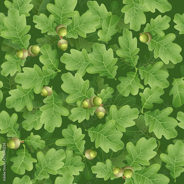 Fototapeta Seamless pattern of spring green oak leaves with green acorns / Non-direction organic pattern for texturing
