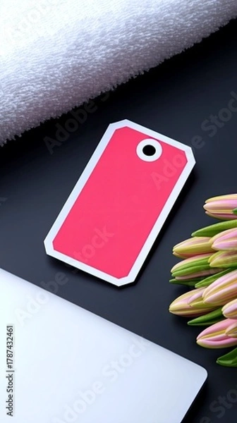 Fototapeta A flat lay composition featuring a pink tag, a white folded towel, a laptop, and a bouquet of pink tulips on a dark surface.