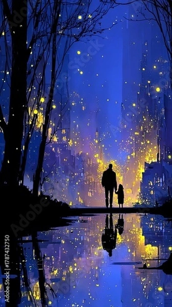 Fototapeta A father and child walk along a path beside a reflective body of water, with a vibrant, glowing city skyline in the distance.