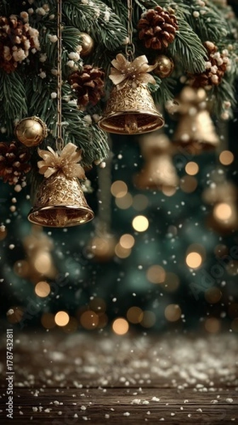 Obraz Golden Christmas bells with pine branches and snowflakes on rustic wooden background creating elegant festive holiday atmosphere for warm cozy winter design