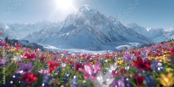 Fototapeta Sparkling field of multi colored crystal flowers before majestic mountain iceberg. stunning and vibrant visuals convey calming yet beautiful and magical energy