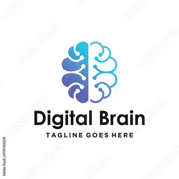 Fototapeta Modern Digital Brain with blue gradient circuit line network for Artificial intelligence AI machine learning or advanced technology logo design