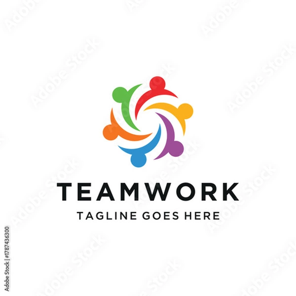 Fototapeta colorful teamwork with Six Abstract People in a circular Formation for business collaboration community logo design