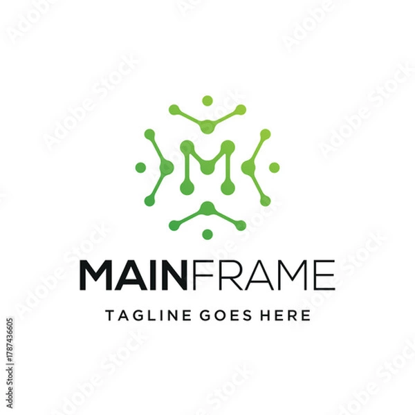 Fototapeta Modern initial letter M with abstract digital green gradient dots for technology network connection logo design