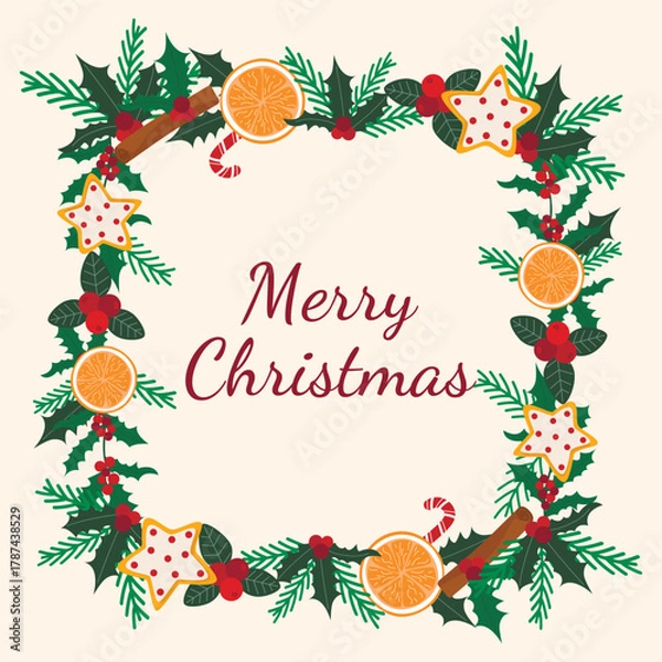 Obraz Festive atmospheric Merry Christmas card. Square frame of fir branches, mistletoe, holly, foliage, and berries with greeting text. Cozy rustic seasonal design, vector graphics