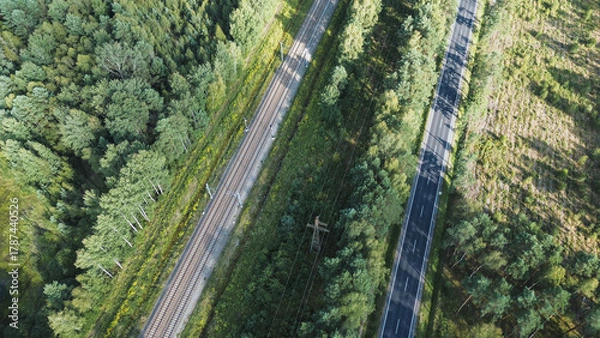 Fototapeta Overhead view of railway and road through a green forest