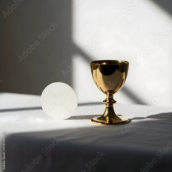 Fototapeta Minimalist Communion Wafer and Chalice on White Linen for Christ the King Feast