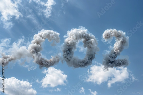 Obraz Smoke forms the letters CO2 in the blue sky during a bright day with clouds