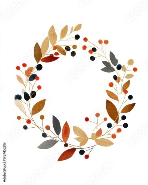 Obraz Colorful autumn wreath with leaves and berries on white background.