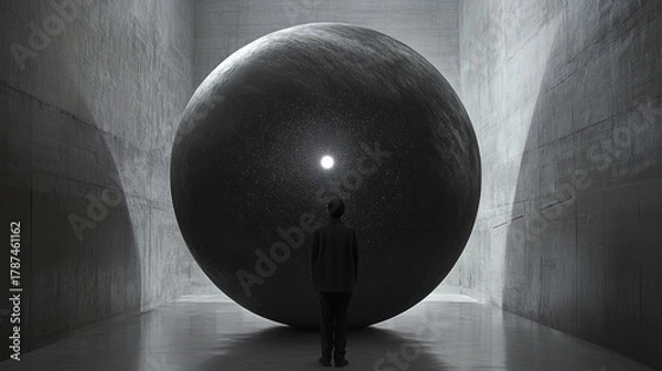 Fototapeta Ã‰tienne-Louis BoullÃ©e's Cenotaph for Newton - Sphere of Night Sky: BoullÃ©e's Cenotaph, its massive sphere internally lined with a perfect, star-dusted night sky material, a single point of light