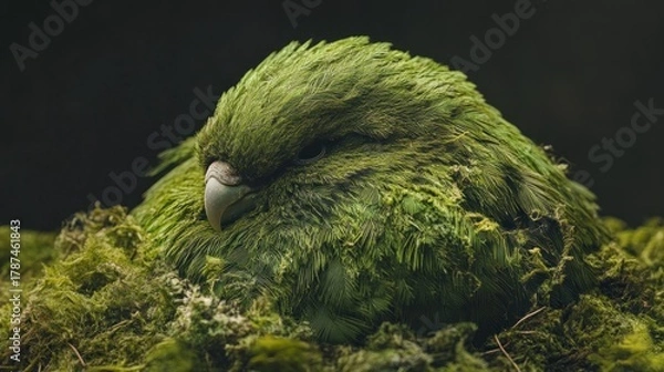 Fototapeta Kakapo, its moss-green feathers having the texture of ancient, plush velvet, surreal antique fabric texture, soft forest undergrowth lighting