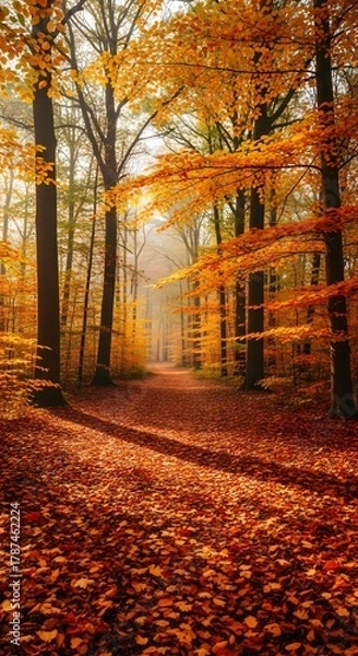 Obraz A peaceful autumn scene in a forest with a dirt path covered in fallen leaves and vibrant orange and yellow foliage on tall trees under a misty sky