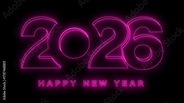 Fototapeta Vibrant pink neon outline of the year 2026 with happy new year text on a black background, representing future celebration, digital event, modern design, and festive glowing light