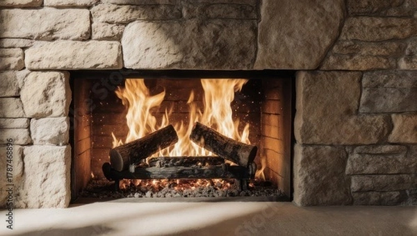 Fototapeta Cozy Fireplace with Burning Logs and Stone Hearth.