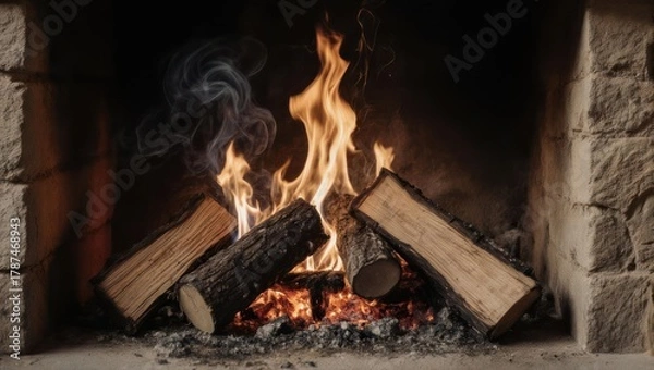 Fototapeta Cozy Fireplace with Burning Logs and Warm Flames.