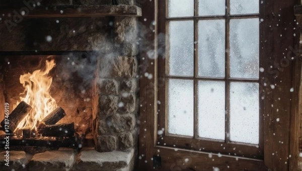 Fototapeta Cozy Winter Scene with Fireplace and Snowing Window.