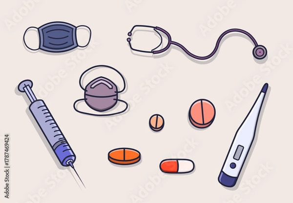 Obraz Medical Tools Collection Illustration Featuring Thermometer, Syringe, Stethoscope, Face Masks, and Pills Representing Healthcare Equipment and Daily Medical Essentials for Treatment and Protection