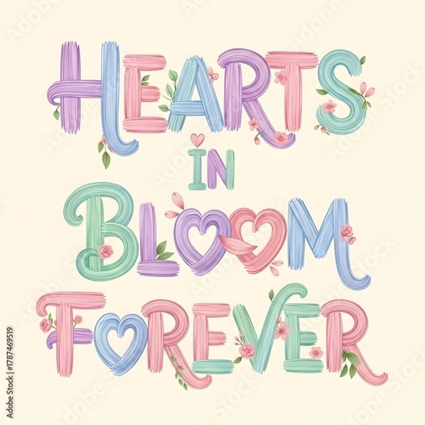 Obraz Colorful Hand-Drawn Style Text Reading 'Hearts in Bloom Forever' with Floral and Heart Elements for Romantic or Celebratory Themes