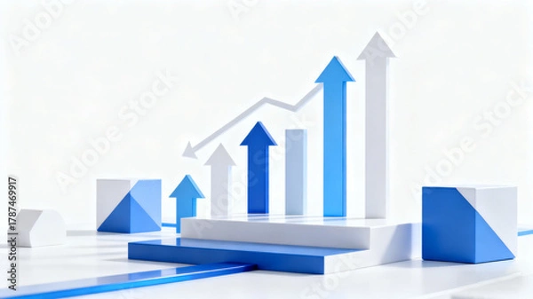 Fototapeta Abstract geometric shapes and arrows symbolizing business strategy and direction on a clean white background.