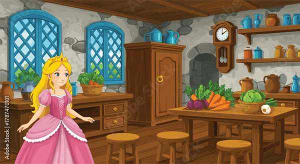 Obraz Beautiful fairytale princess in medieval kitchen with vegetables, wooden furniture, and vintage decor, fantasy castle cooking room illustration