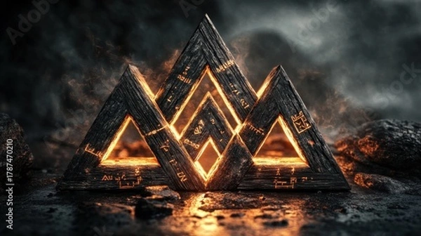 Fototapeta Norse Valknut symbol, three interlocking triangles of dark, petrified wood, ancient runes etched on the surface glow with Odin's wisdom, stormy light