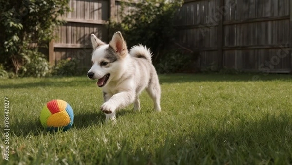 Fototapeta Happy dog running towards a colorful ball in a grassy backyard.