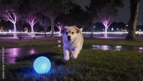 Fototapeta Happy Dog Playing With Glowing Ball in Park at Night.