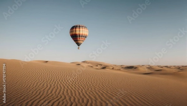 Fototapeta Hot Air Balloon Soaring Over Rippling Desert Dunes Under a Clear Sky.