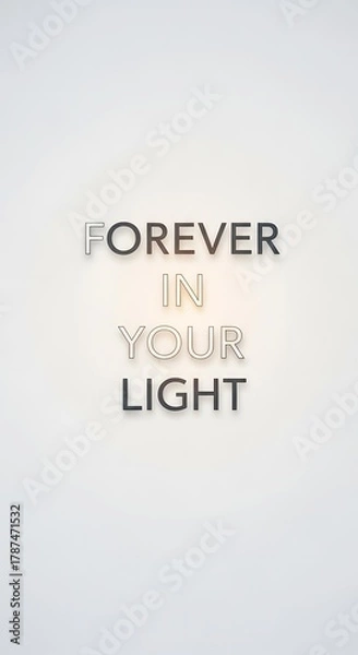 Fototapeta Inspirational quote displayed on a plain white wall with metallic and pastel-colored letters that read 'Forever in Your Light' in a modern and minimalist style