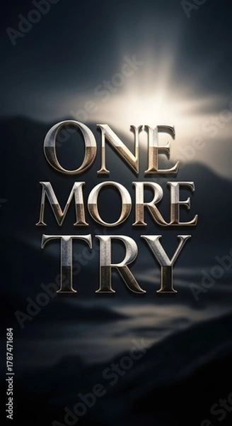 Obraz Inspirational quote with the words 'One More Try' displayed in bold metallic letters against a dramatic sunset background with clouds and mountain silhouette
