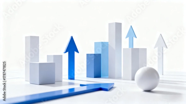 Fototapeta Abstract geometric shapes and arrows symbolizing business strategy and direction on a clean white background.