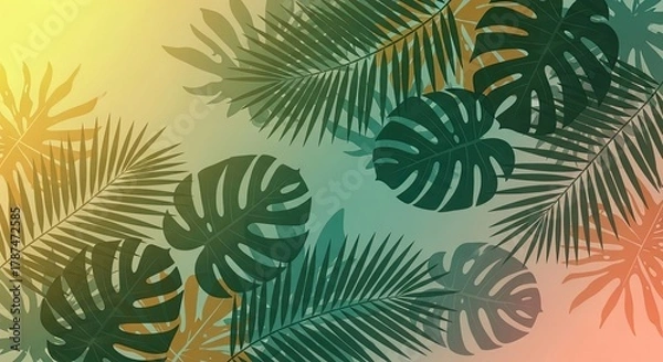 Fototapeta Tropical vibes with lush palm leaves and Monstera plants, perfect for summer designs, vibrant backgrounds, and exotic travel themes creating a relaxed and refreshing atmosphere