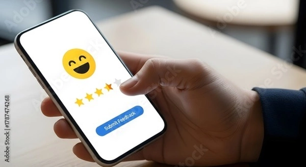 Fototapeta Customer satisfaction survey on a smartphone with a smiling face and three stars