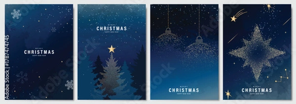 Fototapeta Christmas Luxury gold  invitation card design vector. Christmas pine leaves, snowflake with gold foil and spot texture on navy blue background. Design illustration for cover, print, poster, ads.