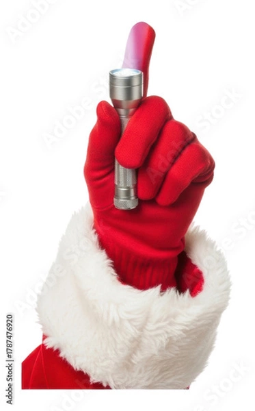 Fototapeta Festive action santa's hand holding flashlight holiday portrait isolated on transparent background