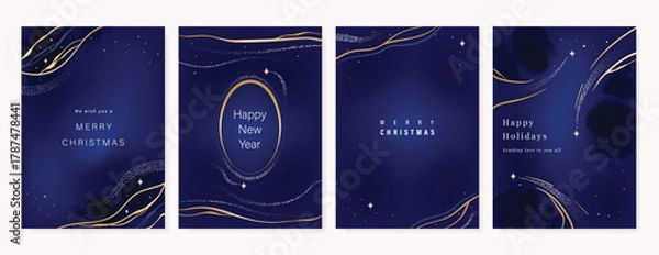 Fototapeta Christmas Luxury gold  invitation card design vector. Christmas pine leaves, snowflake with gold foil and spot texture on navy blue background. Design illustration for cover, print, poster, ads.