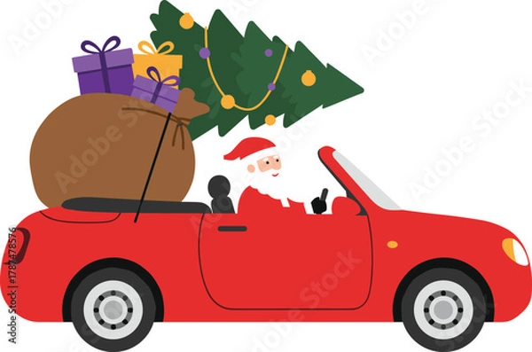 Obraz Cartoon Santa Claus driving red convertible car with Christmas tree and colorful gift boxes, festive holiday illustration, cheerful seasonal artwork design