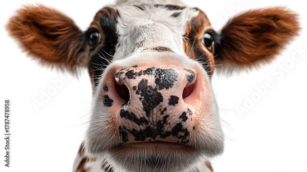 Fototapeta Close up of a cows face with black spots on transparent background