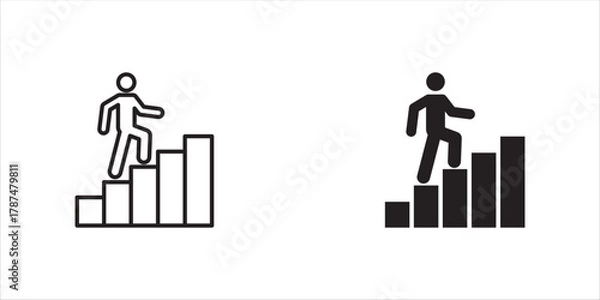 Fototapeta Career progress and goal achievement icon with a person climbing stairs towards a flag representing ambition success and reaching a target vector solid glyph icon vector illustration, eps10.
