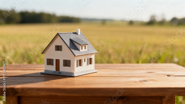 Fototapeta Dream house model on a wooden table in an open field, symbolizing simplicity and aspiration.