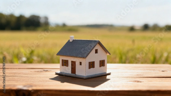 Fototapeta Dream house model on a wooden table in an open field, symbolizing simplicity and aspiration.
