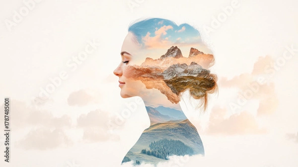 Fototapeta Serene woman profile with double exposure of mountain landscape and sky, blending nature and human calmness in artistic style