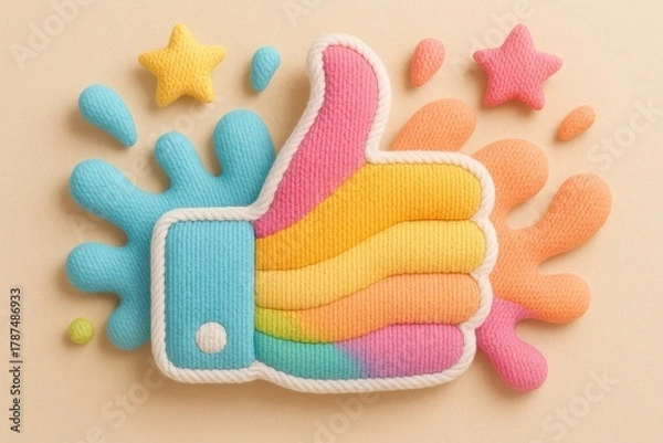 Fototapeta Thumbs Up Symbol: A vibrant, colorful thumbs up symbol, radiating positivity and approval, adorned with playful stars and abstract splashes that embodies the essence of like and support.