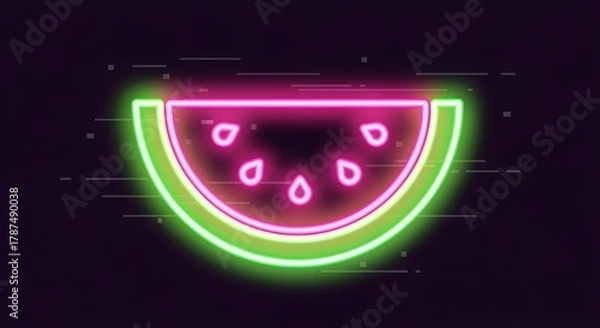 Fototapeta Neon watermelon wedge icon with glowing pink center and bright green rind, playful vaporwave glow.