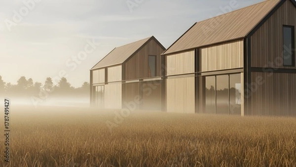 Fototapeta Modern wooden houses emerge from a misty field at sunrise, showcasing minimalist architecture in a tranquil rural landscape