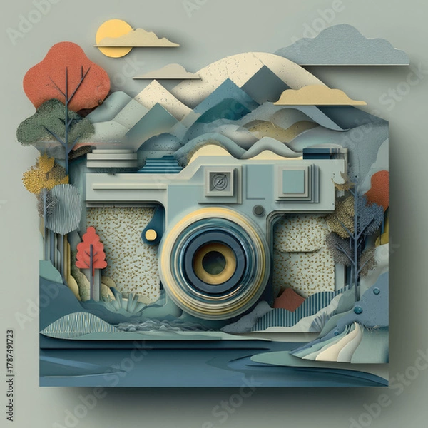 Obraz Artistic paper cut layered illustration featuring a camera and mountain lake.