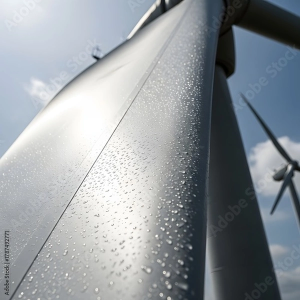 Obraz Close-up of a modern wind turbine tower with water droplets on its surface against a cloudy sky background