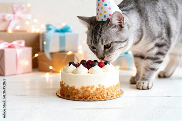 Fototapeta Curious Cat in Birthday Hat Sniffing Cake on Table with Gift Boxes, Ribbons and Glowing Fairy Lights, Festive Pet Celebration Scene, Copy Space for Text or Design