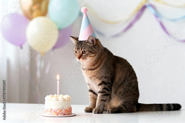Fototapeta Adorable Cat in Birthday Hat Sitting Beside Cake with Candle, Festive Party Scene with Balloons and Ribbons, Cute Pet Celebration Concept, Sharp Focus on Feline Joy